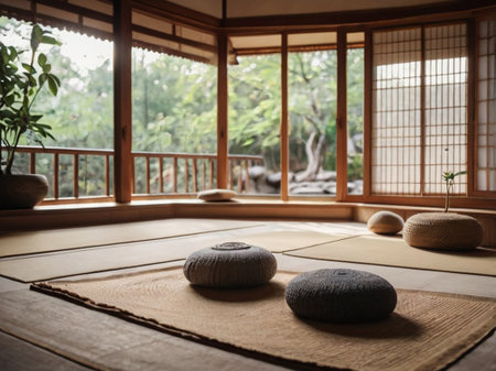 Japanese zen garden with bamboo mat and japanese style windowの素材