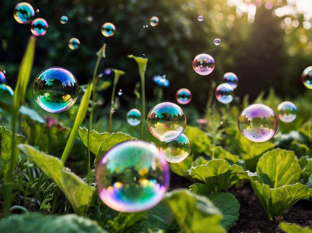 Soap bubbles on the background of green grass in the garden.の素材