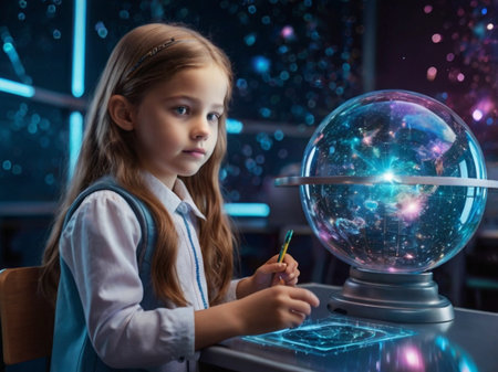Cute little girl is drawing with pencils in a glass globe.の素材