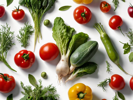 Different fresh vegetables on white background, top view. Vegetarian foodの素材