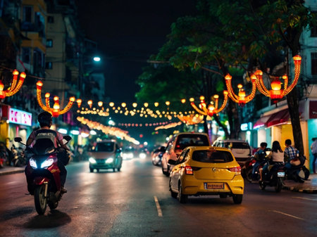 Traffic on the street at night in Bangkok, Thailand.の素材