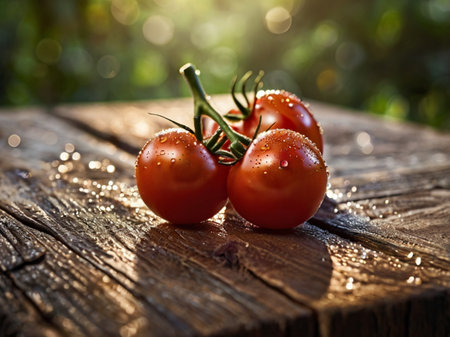 Fresh cherry tomatoes with water drops on a wooden table in the gardenの素材