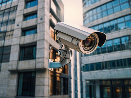 CCTV camera in front of modern office building, security concept.の素材