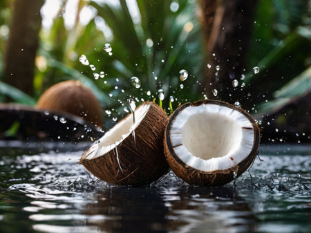 Coconut splashing into water with splashes of water.の素材