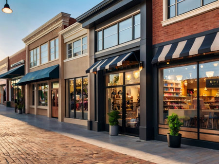 Luxury shopping street with shops and restaurants in downtown Portland Oregonの素材