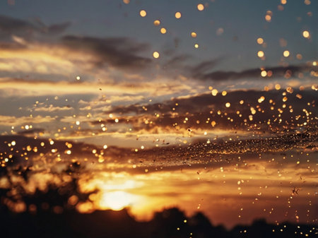 Rain drops on the window at sunset. Raindrops on the windowの素材