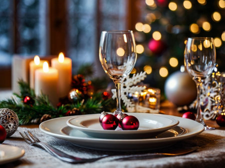 Christmas table setting in rustic style with christmas tree in backgroundの素材