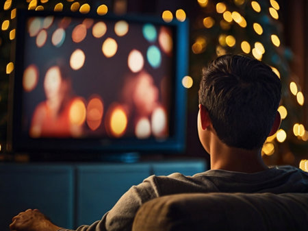 young man watching tv at home in front of christmas tree at nightの素材