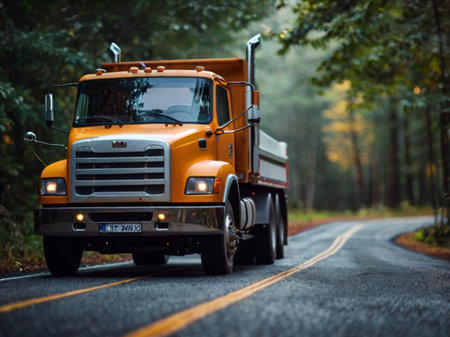 truck on the road in the autumn forest. transportation and logisticsの素材