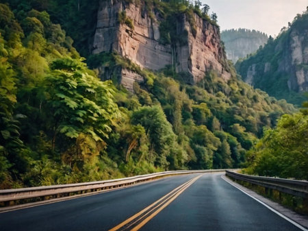 Winding road in the mountains. Beautiful summer landscape with asphalt road.の素材
