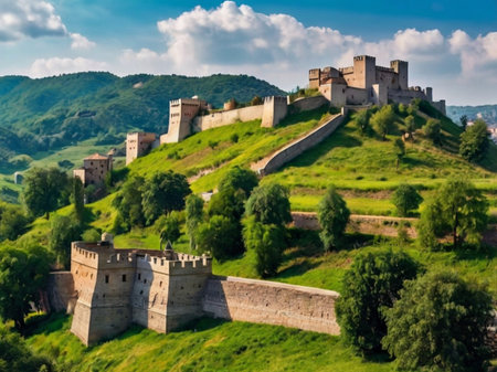 Panorama of the medieval castle in Carpathian mountains, Ukraineの素材
