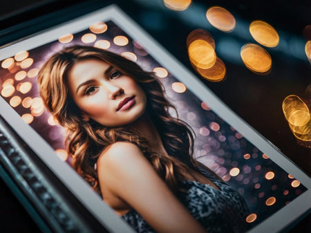 Portrait of beautiful young woman in photo frame with bokeh backgroundの素材