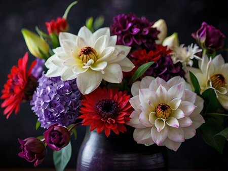 beautiful bouquet of dahlias in vase on dark backgroundの素材