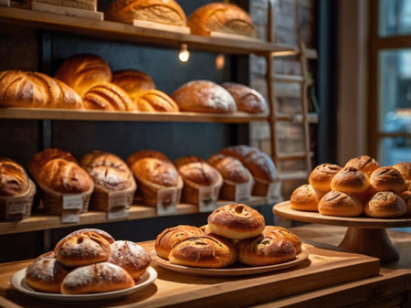 Freshly baked buns on a wooden shelf in a bakery.の素材
