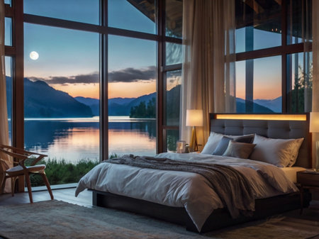 Interior of a modern bedroom with mountain lake view and wooden bedの素材