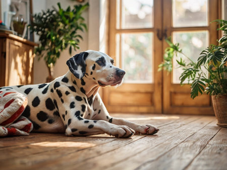 Adorable Dalmatian dog lying on the floor at home.の素材