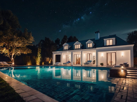 Swimming pool of luxury house at night with starry sky.の素材