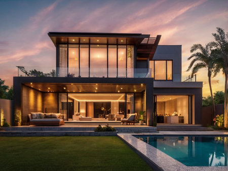 3d rendering of modern cozy house with pool and parking for sale or rent in luxurious style and beautiful landscaping on background. Clear summer evening with soft light from window.の素材