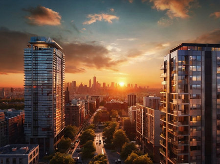Warsaw cityscape at sunset, Poland. Panoramic view.の素材