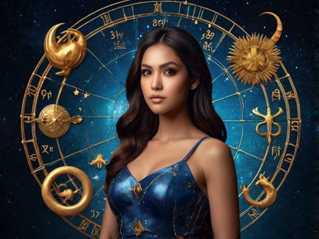 Beautiful brunette woman in a blue evening dress and golden astrological symbols.の素材