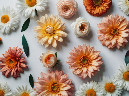 Colorful autumn flowers on white background. Flat lay, top viewの素材