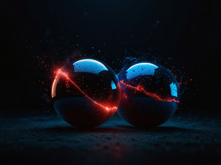 3D rendering of two crystal balls with red and blue graph on dark backgroundの素材