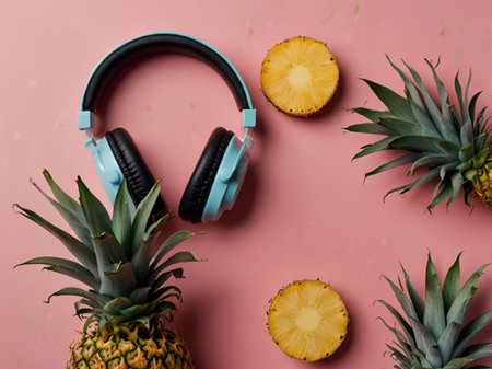 Headphones and pineapple on pink background. Flat lay, top viewの素材