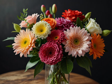 Beautiful bouquet of colorful flowers in vase on wooden tableの素材