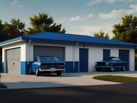 3D rendering of a blue classic american car in a garageの素材