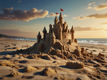 Sandcastle in the beach at sunset. Concept of vacation and travelの素材