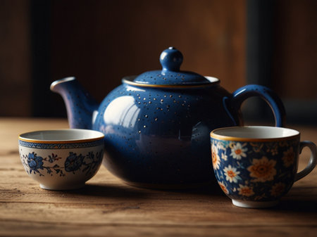 teapot and cup of tea on wooden table in dark roomの素材