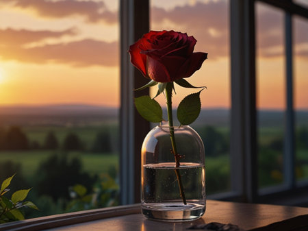 Red rose in a glass vase on the windowsill at sunsetの素材