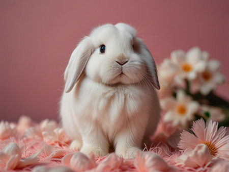 Cute white bunny with pink flowers on pink background. Easter concept.の素材