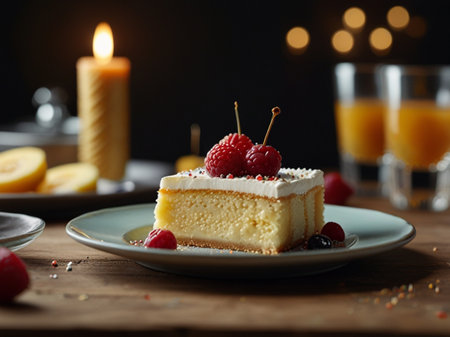 Delicious cheesecake with raspberries and orange juice on wooden tableの素材