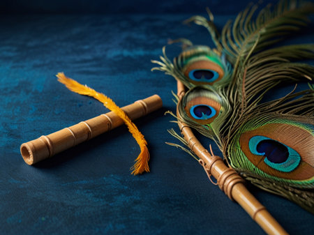 Indian festival diwali concept. Colorful peacock feathers on blue backgroundの素材
