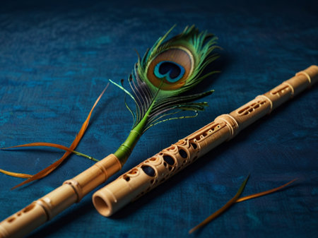 Bamboo flute with peacock feather on dark blue background.の素材