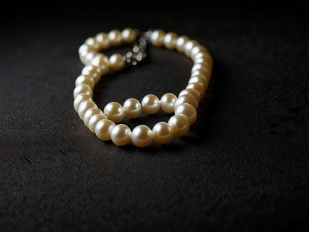 Pearl necklace on a black background. Shallow depth of field.の素材