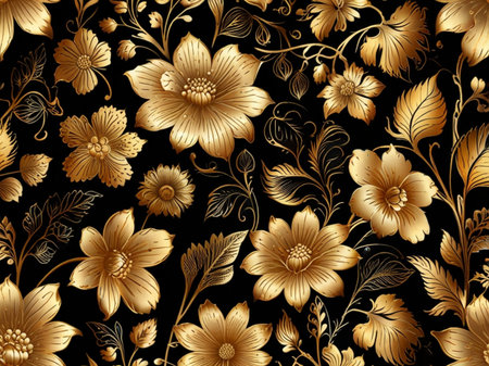 Seamless pattern with gold flowers on black background. Vector illustration.の素材