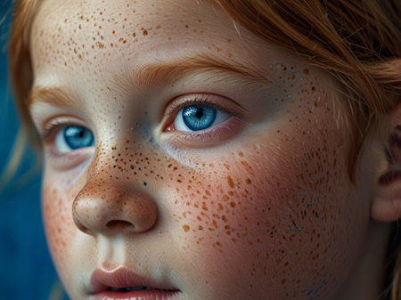 Portrait of a little red-haired girl with freckles on her faceの素材