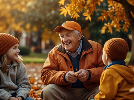 Grandfather and grandchildren in autumn park. Happy grandfather and grandchildren in park.の素材