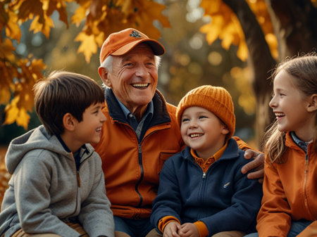 Portrait of a smiling grandfather with his grandchildren in the park.の素材