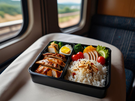 Japanese lunch box with grilled chicken, rice and vegetables on the trainの素材
