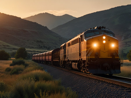 The image of a freight train on a background of mountains at sunsetの素材