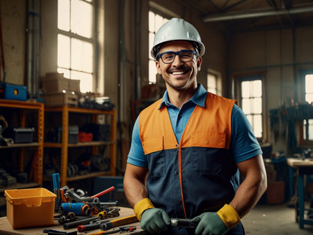 Portrait of a smiling male carpenter in a helmet and glasses.の素材