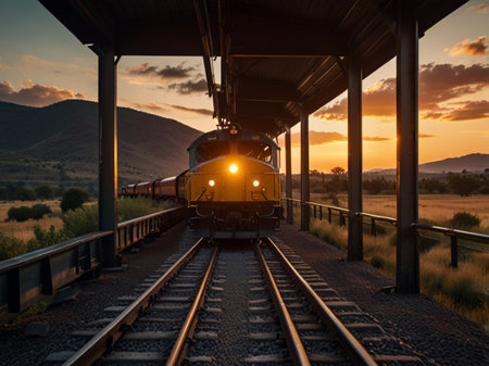 Train in the middle of the railway tracks at sunset, South Africaの素材