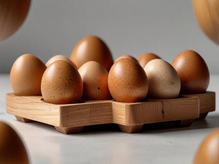 Eggs in a wooden tray on a gray background. Selective focus.の素材