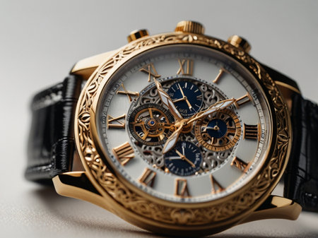 Wristwatch close-up on a gray background. Luxury watch with a gold strap.の素材