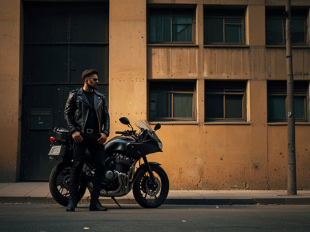 Biker in a leather jacket and sunglasses on a motorcycle in the cityの素材