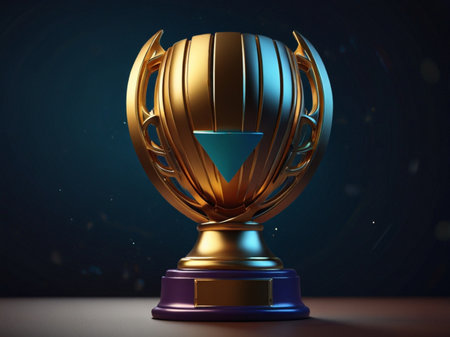 3d rendering of a trophy on a dark blue background with lighting effectsの素材