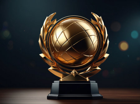 Golden award trophy on dark background. 3D illustration. Vintage style.の素材